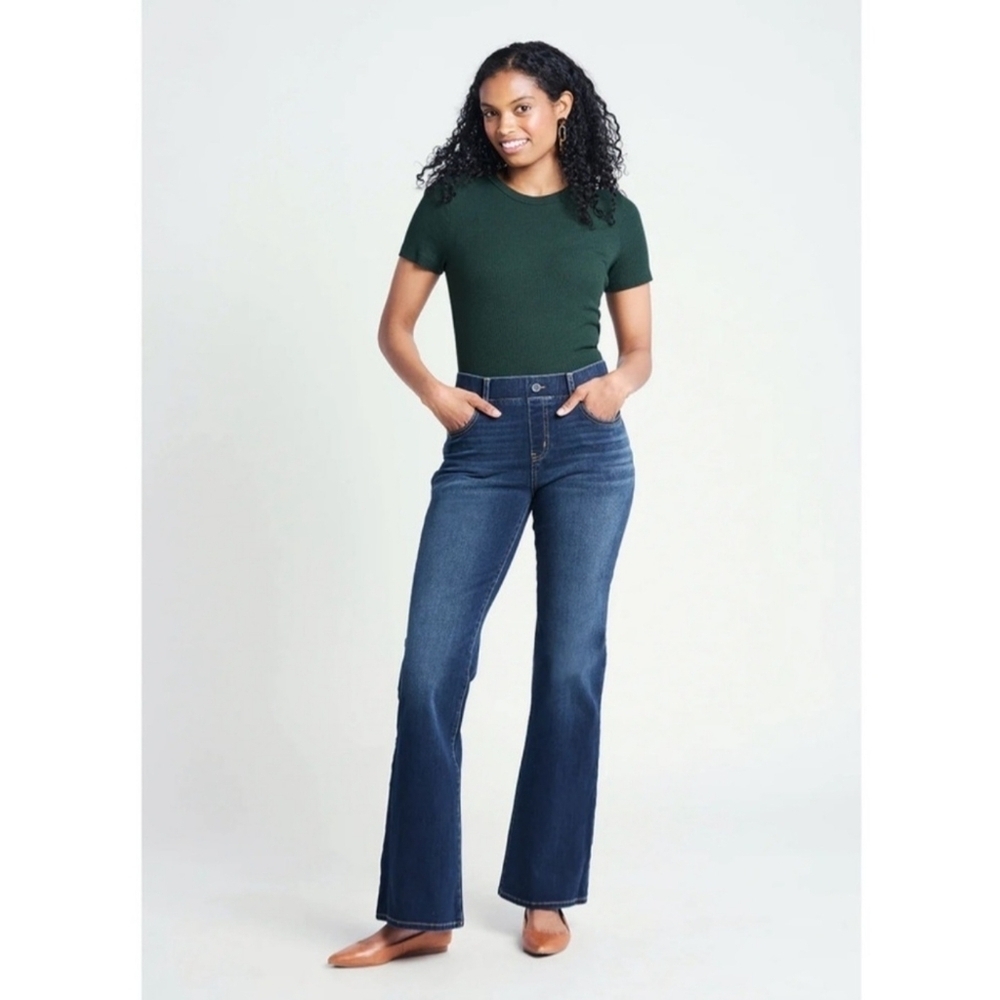 Betabrand Yoga Denim Pull-On High-Rise Bootcut Jeans, Size Medium Petite